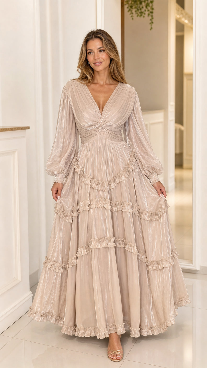 Front view of Champagne Beige pleated shimmer maxi dress with long balloon sleeves and tiered ruffled skirt