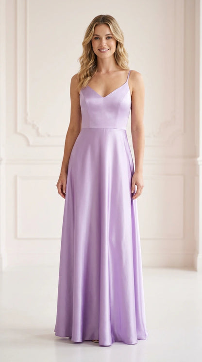 Front view of model wearing lilac satin A-line maxi dress with V-neckline and spaghetti straps