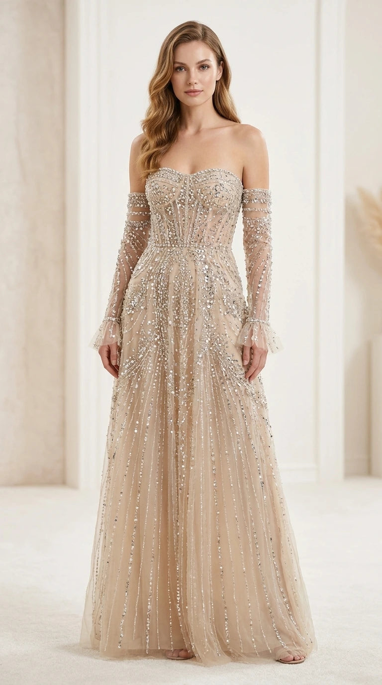 Front view of champagne glitter embellished evening gown on model