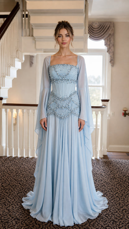 Front view of Light Blue Ethereal Beaded Corset Long Sleeve Maxi Gown