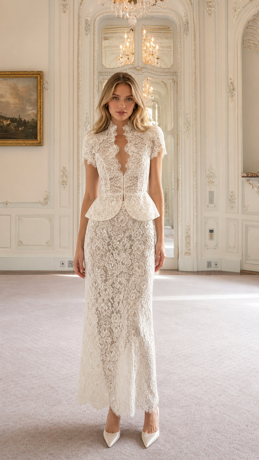 Ivory floral lace peplum maxi dress with scalloped high neckline front view
