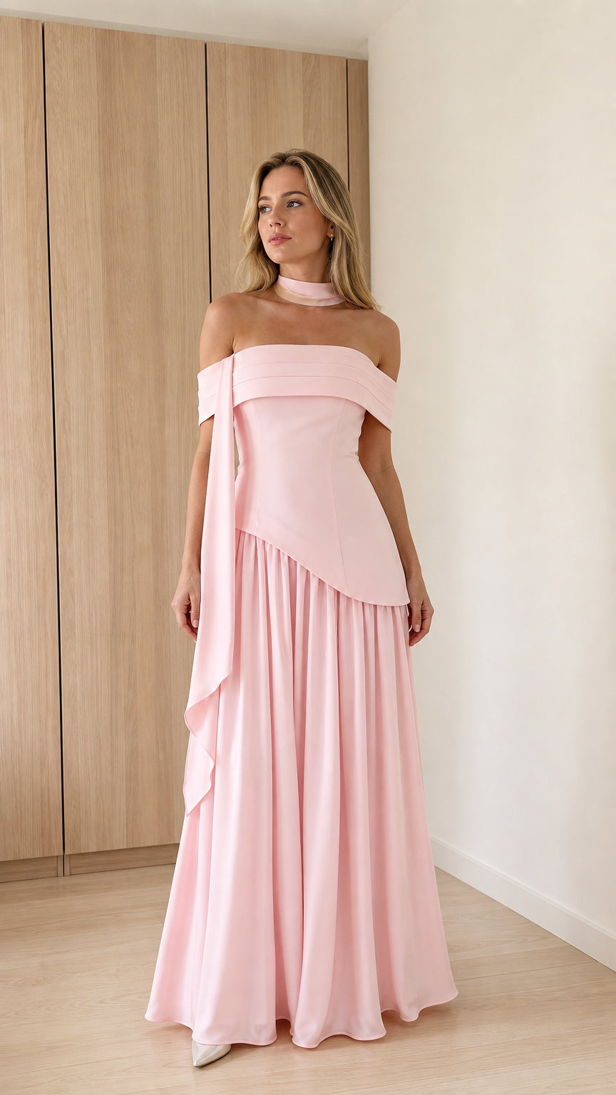Front view of model wearing pink off-the-shoulder maxi dress with choker