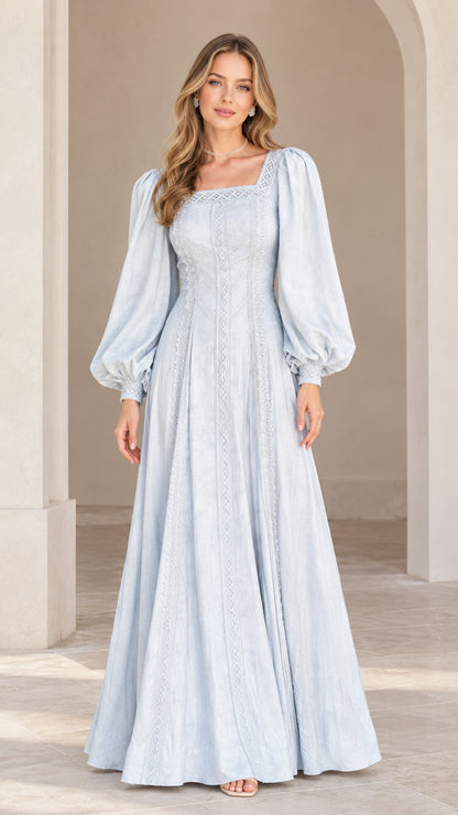 Front view of model wearing Light Blue embroidered lantern sleeve square neck maxi dress