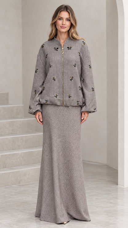 Front full view of grey beaded tweed bomber jacket and matching maxi skirt set
