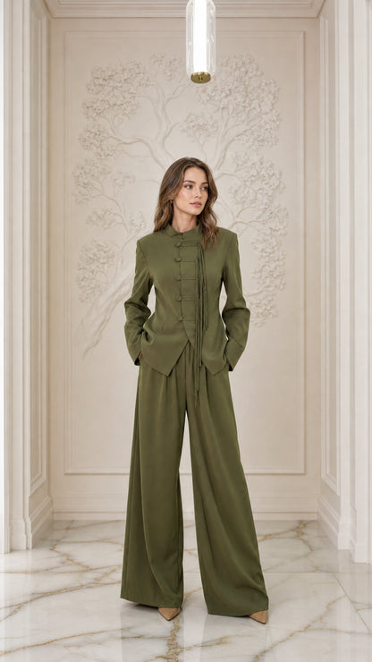 Front view of woman wearing Olive Green mandarin collar suit set with wide-leg trousers