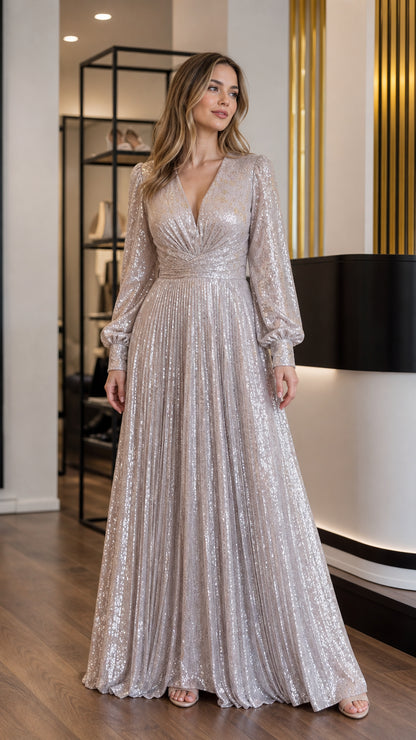 Silver pleated sequin long sleeve maxi evening gown front view