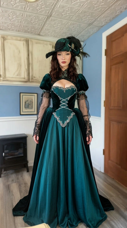 Front view of Victorian Gothic emerald green velvet ball gown with feathered hat