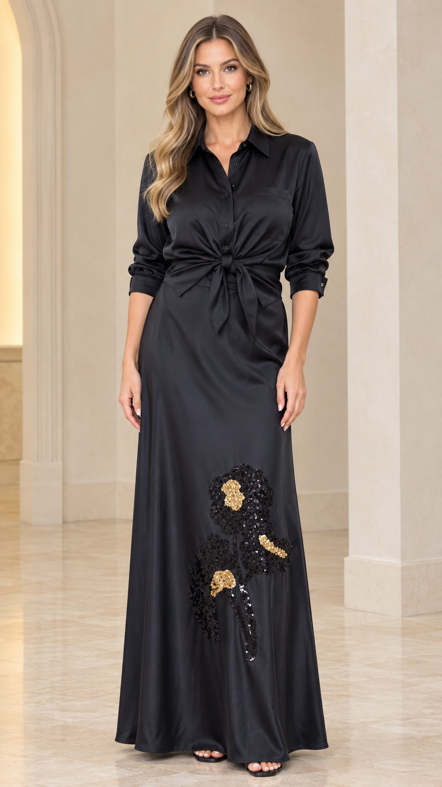 Front view of model wearing black satin tie-front maxi shirt dress with sequin floral applique