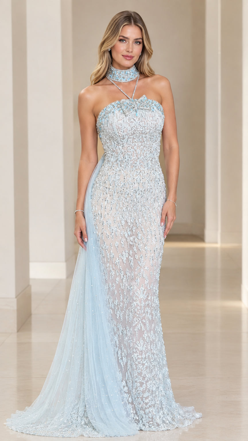 Ice blue fully embellished mermaid evening gown with choker collar front view