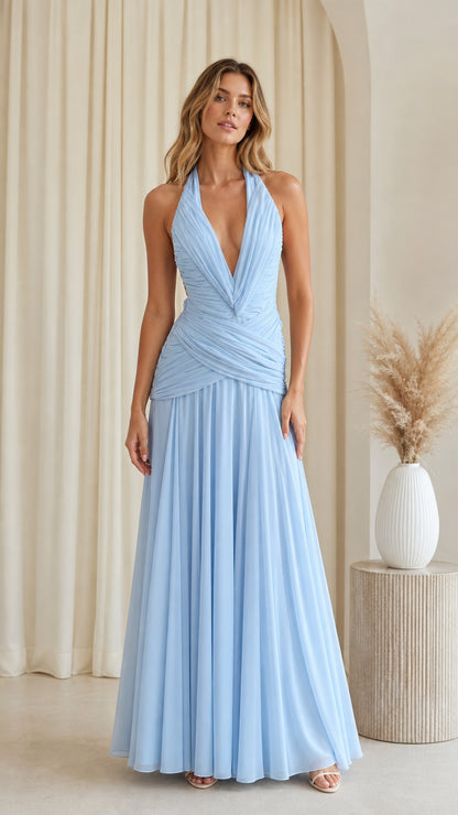 Front full view of light blue halter plunging ruched pleated maxi evening dress