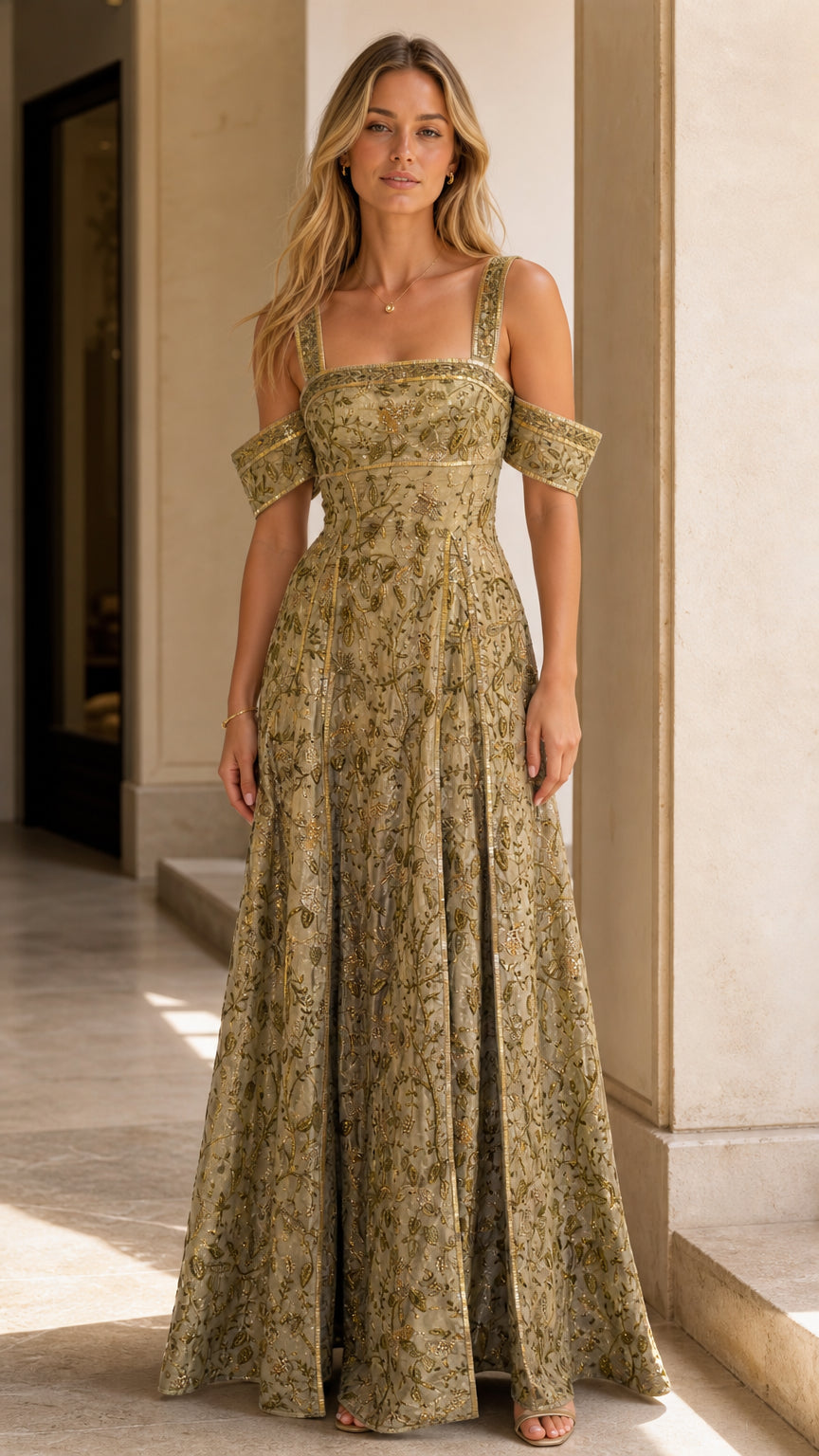 Full front view of model wearing olive gold embroidered cold-shoulder evening gown