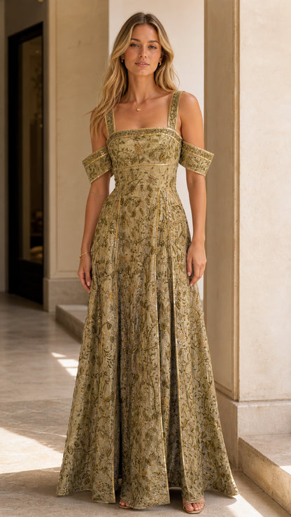 Full front view of model wearing olive gold embroidered cold-shoulder evening gown