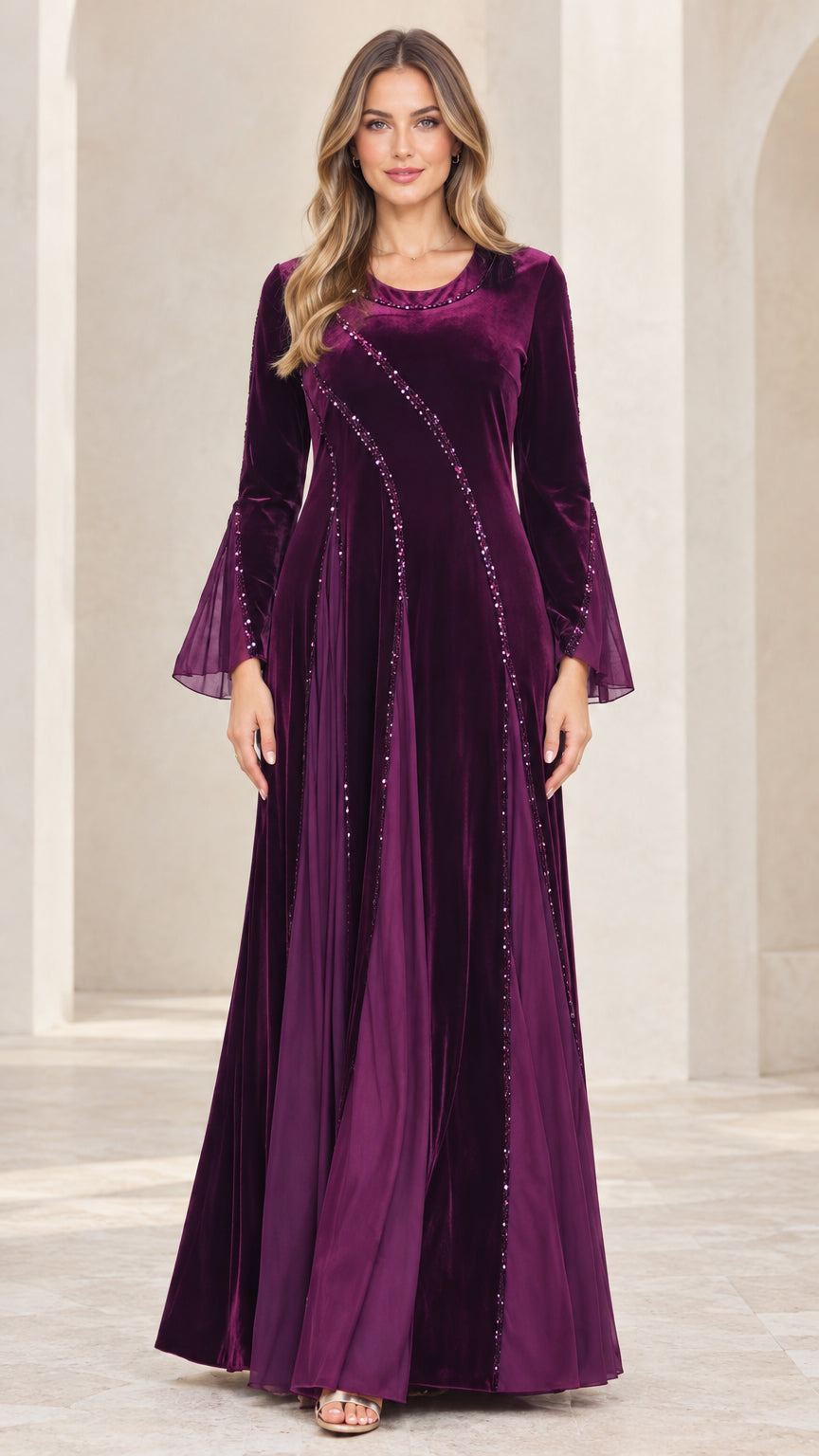 Front view of purple velvet maxi dress with sequin details and bell sleeves