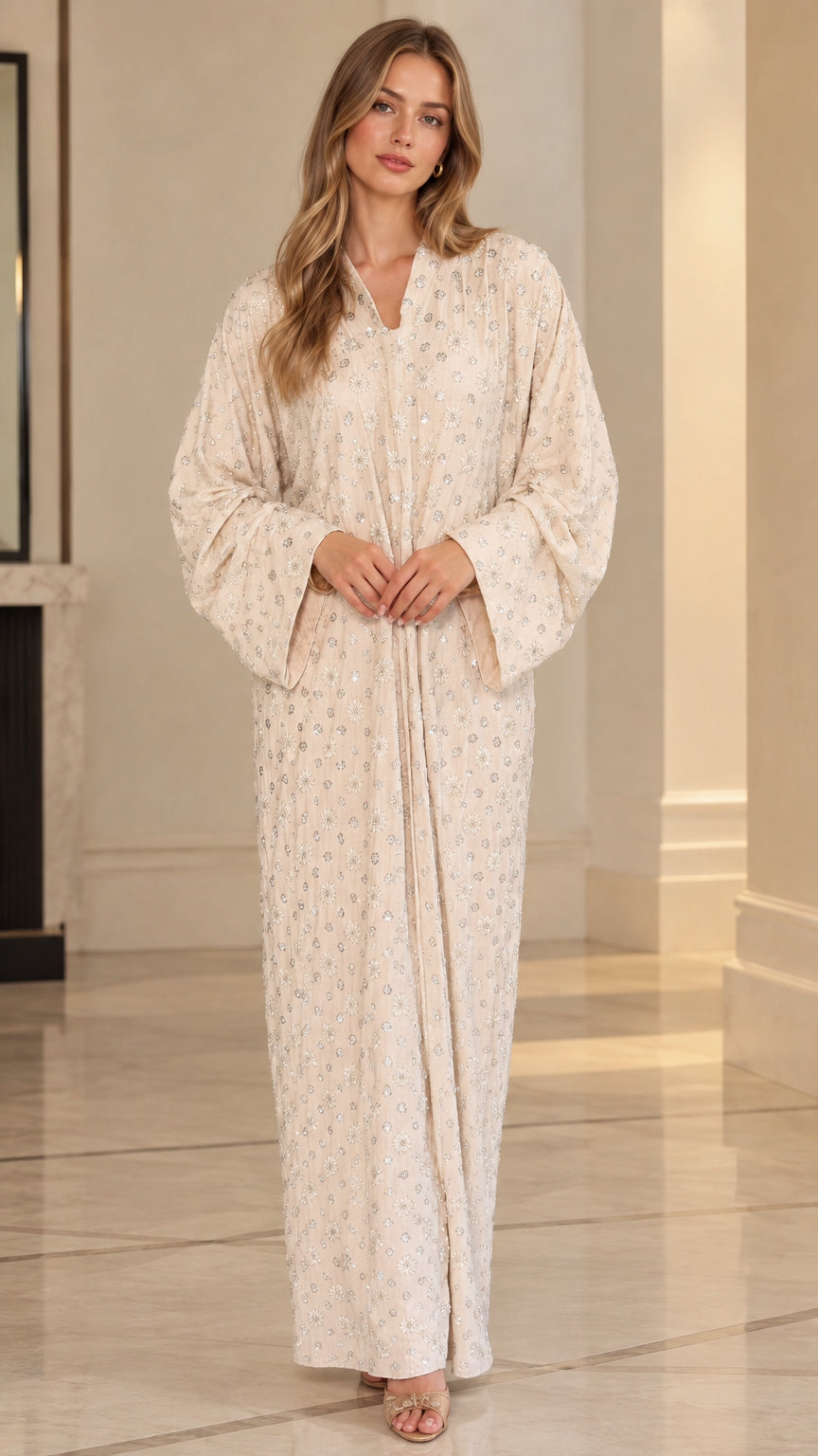 Cream floral sequin embroidered kaftan maxi dress front view on model