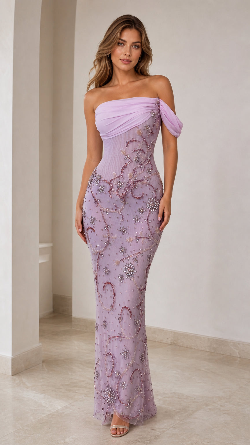 Front view of lavender one-shoulder beaded evening gown