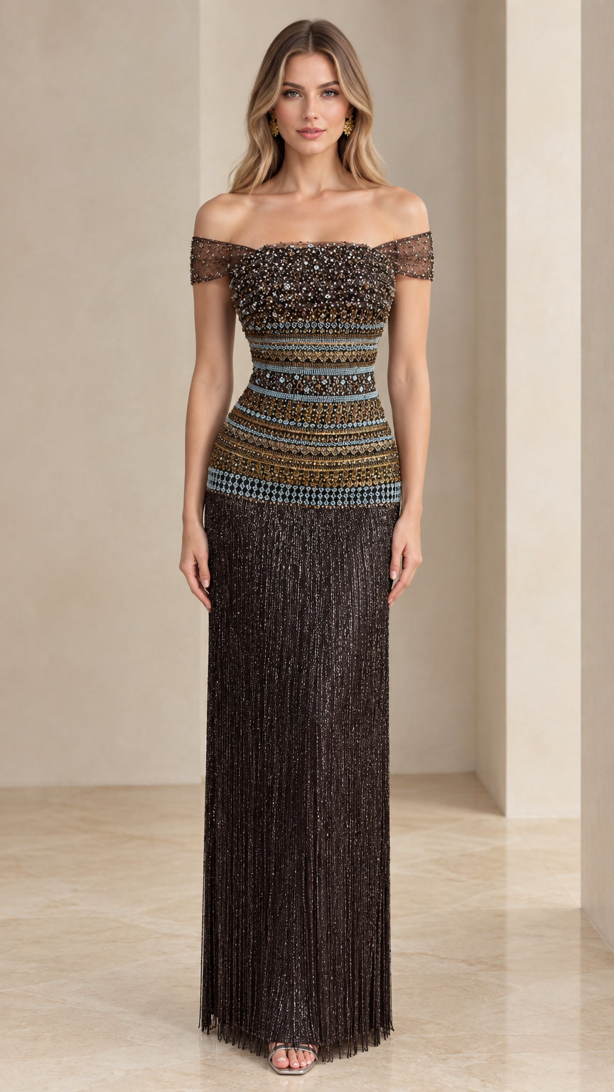 Front view of woman wearing off-the-shoulder beaded fringe evening gown in dark bronze