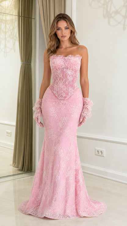 Front view of pink strapless lace mermaid evening gown
