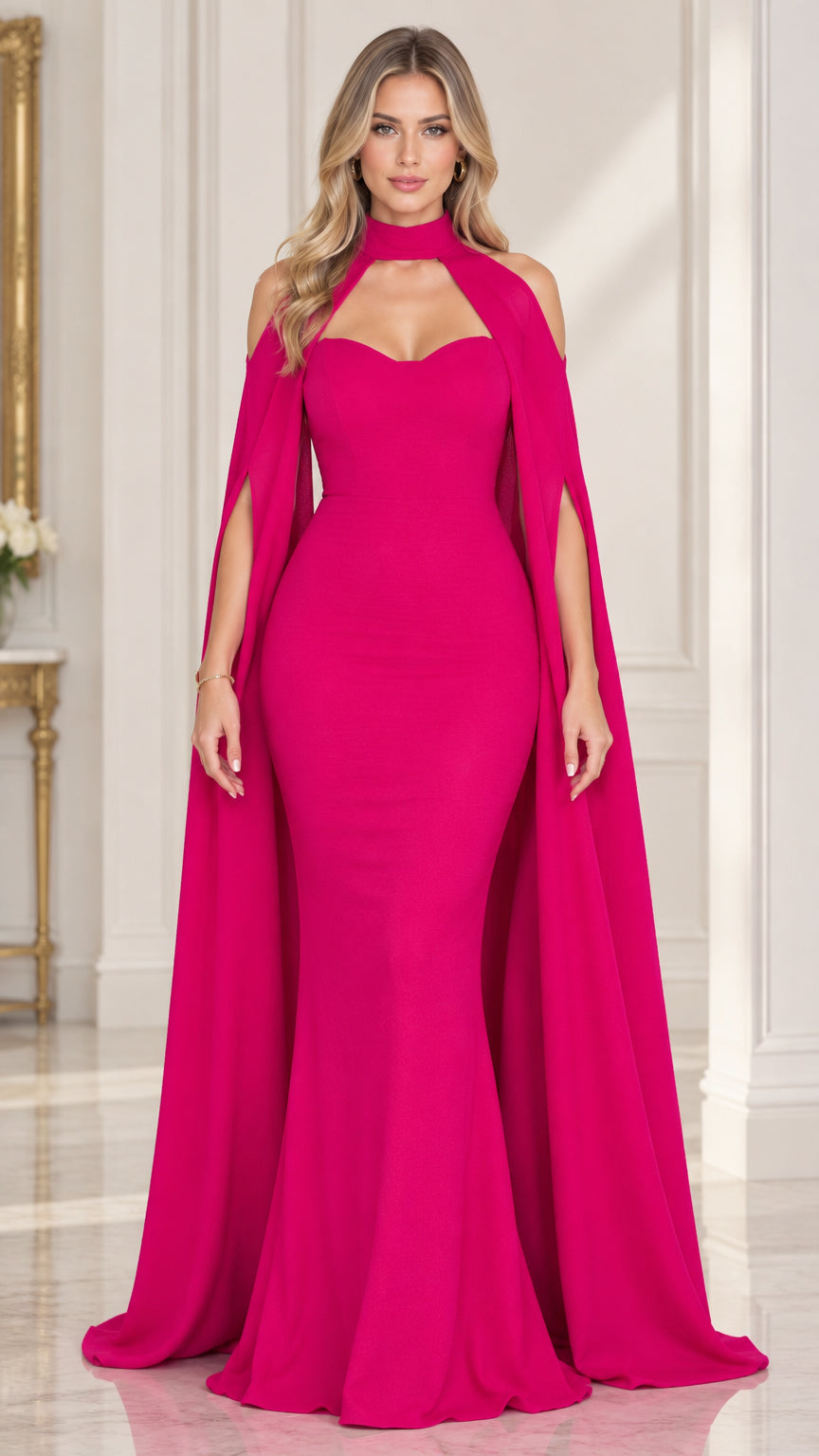 Front view of woman wearing fuchsia high neck cape sleeve mermaid evening gown