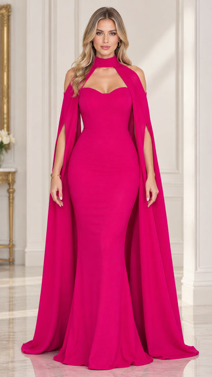 Front view of woman wearing fuchsia high neck cape sleeve mermaid evening gown