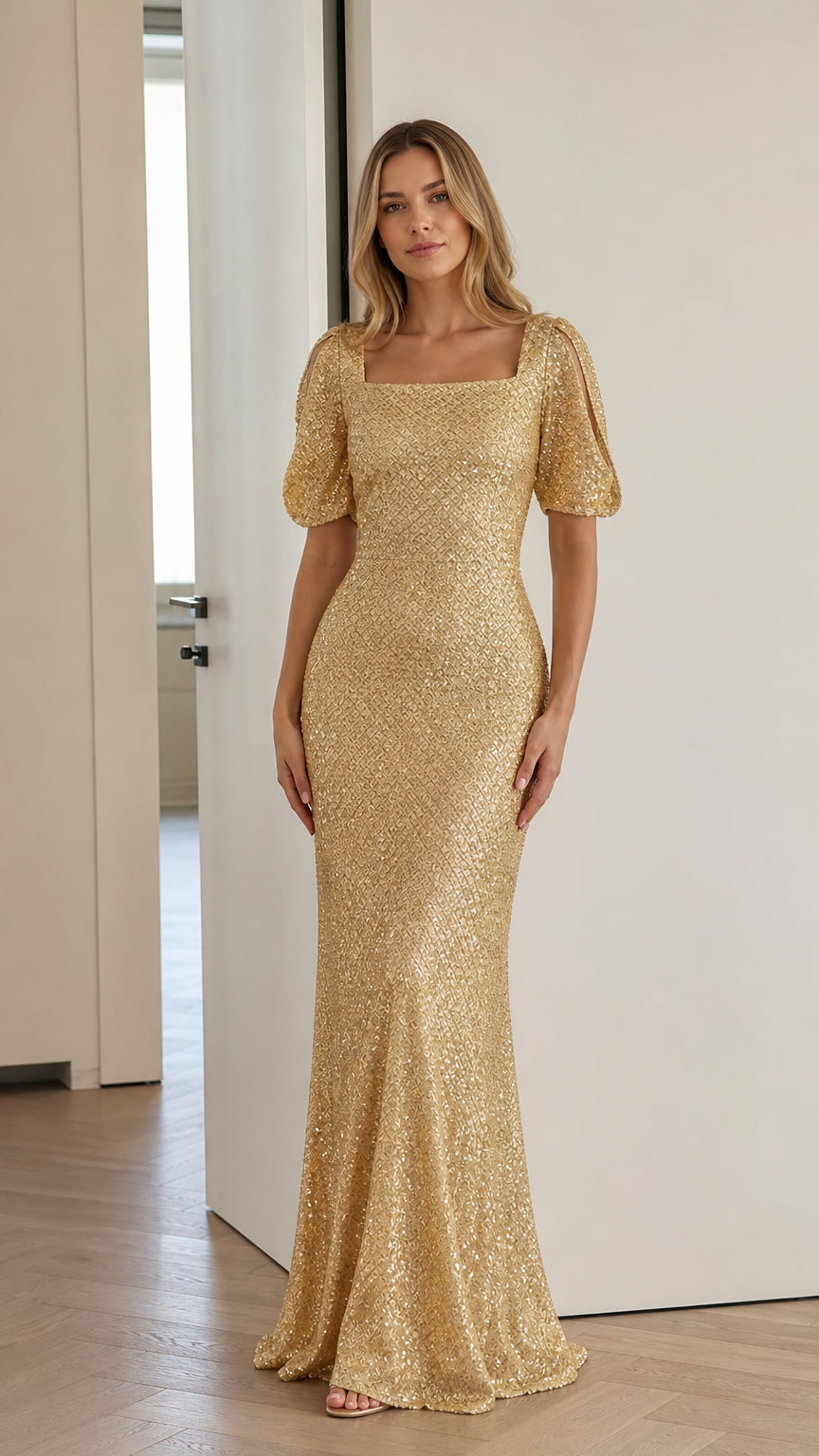 Gold sequin mermaid maxi dress with square neckline and puff sleeves, front view