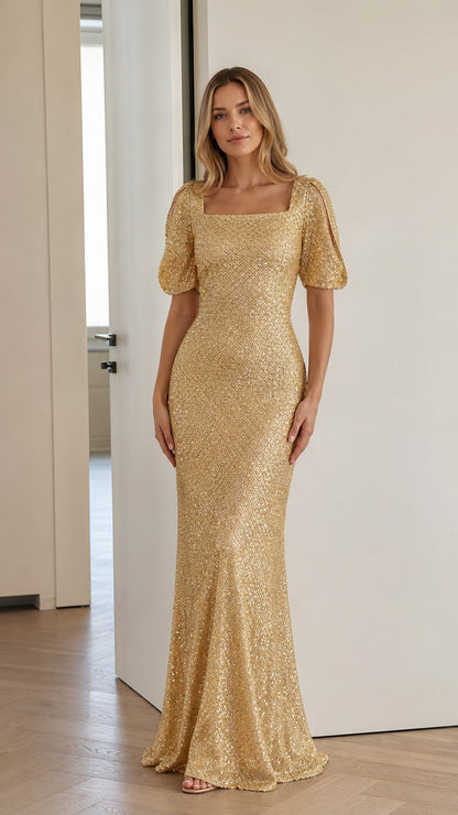 Gold sequin mermaid maxi dress with square neckline and puff sleeves, front view