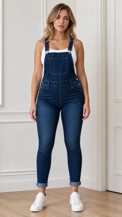 Front view of woman wearing blue denim overalls and white sneakers
