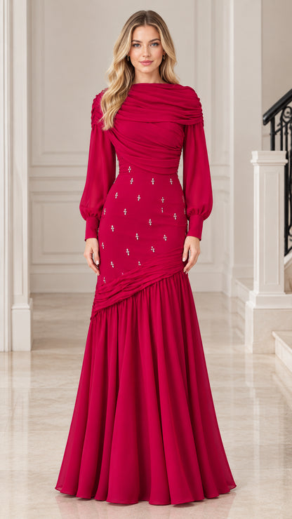 Front view of model wearing full-length Raspberry long sleeve evening gown with draped neck and rhinestone accents