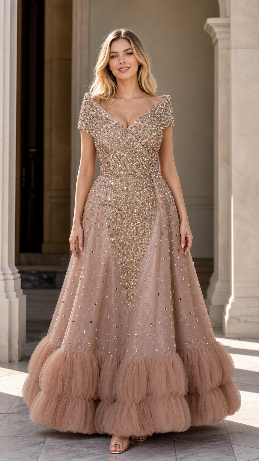Front view of champagne beaded sequin tulle evening gown with tiered ruffle hem