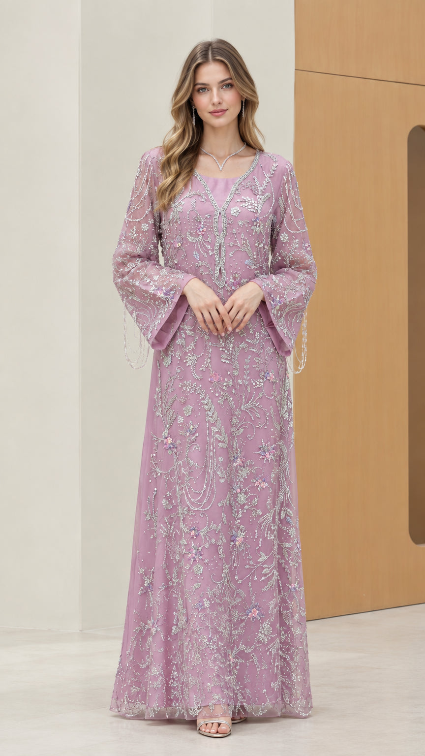 Front view of model wearing Lilac floral embroidered sequin maxi evening dress with bell sleeves