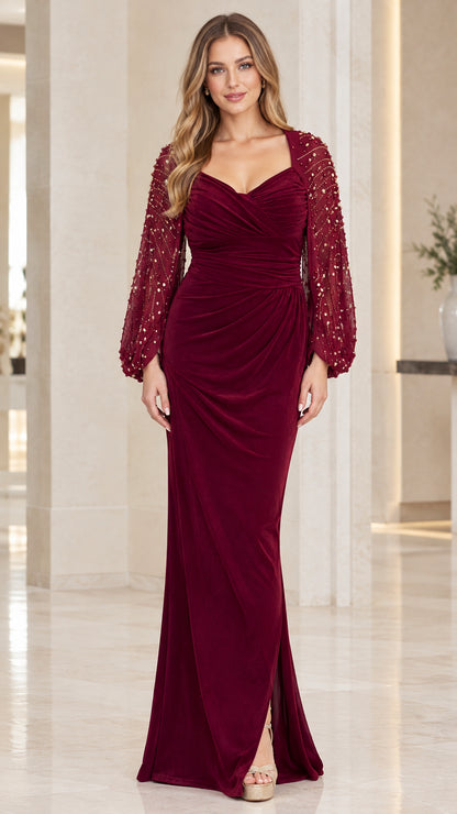 Burgundy ruched velvet maxi gown with embellished sheer sleeves front view