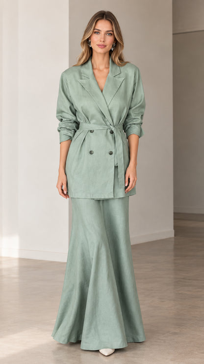 Front view of model wearing sage green double-breasted belted blazer and maxi skirt suit set