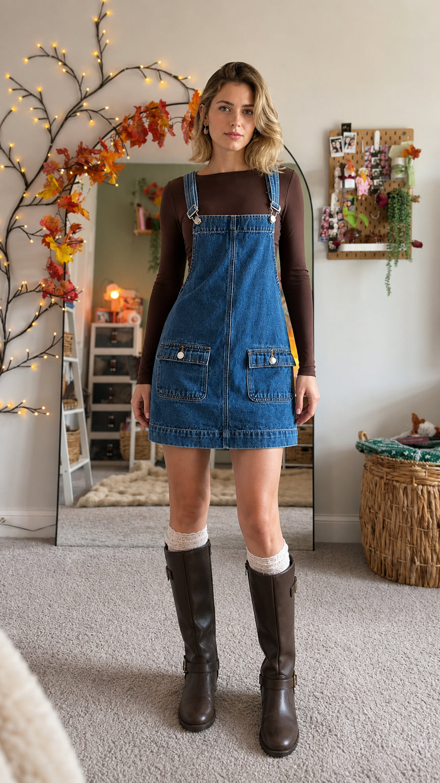Front view of woman wearing blue denim overall pinafore dress with brown long sleeve top and tall boots