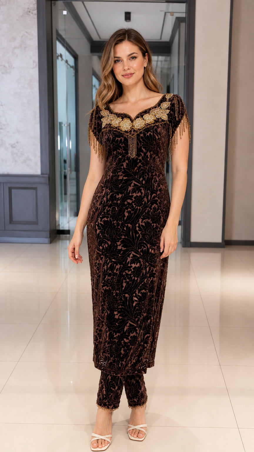 Front full view of model wearing Coffee Brown burnout velvet tunic and pants set
