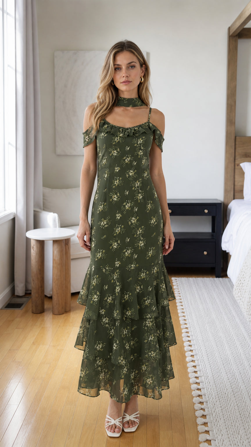 Model wearing olive floral print choker neck tiered ruffle midi dress, front view