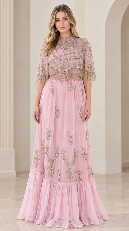 Blush Pink Beaded Capelet Maxi Evening Gown Front View