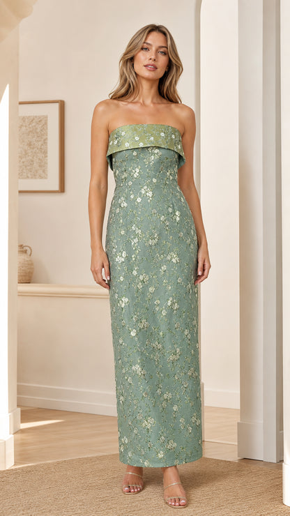 Front view of model wearing sage strapless floral embroidered maxi dress