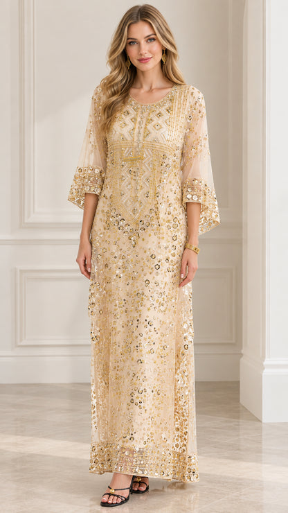 Full-length front view of model wearing Champagne sequin embellished maxi dress with 3/4 flared sleeves