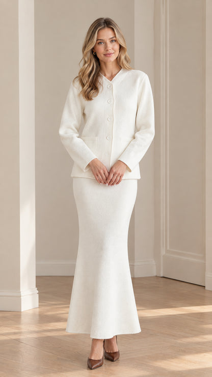 Ivory two-piece blazer and maxi skirt suit set front view on model