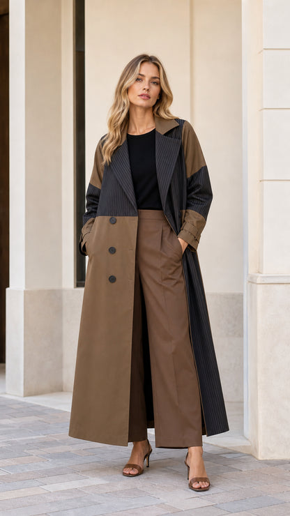 Front full view of woman wearing Mocha Brown and pinstripe colorblock maxi trench coat with wide-leg pants