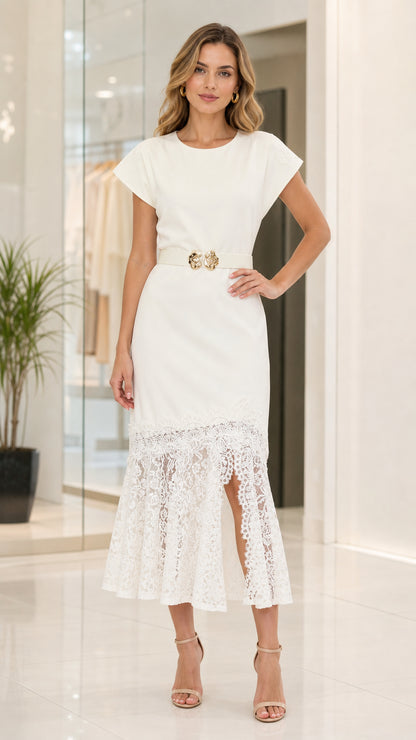 Full front view of model wearing the white belted midi dress with lace flounce hem
