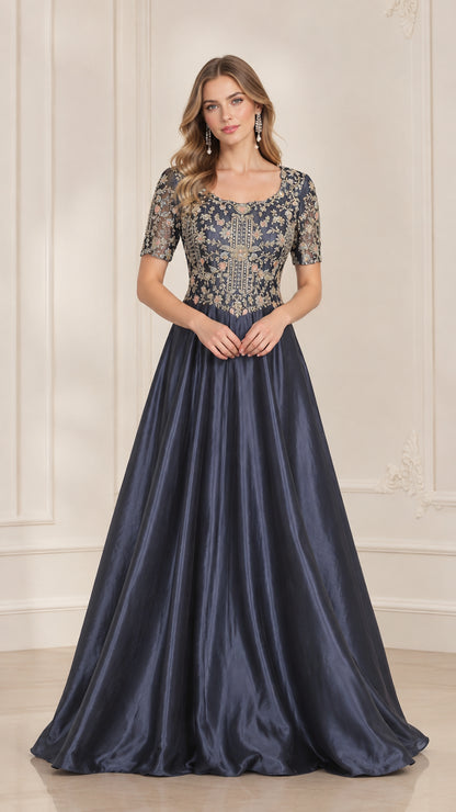 Front view of model wearing Navy Blue embroidered bodice short sleeve A-line evening gown