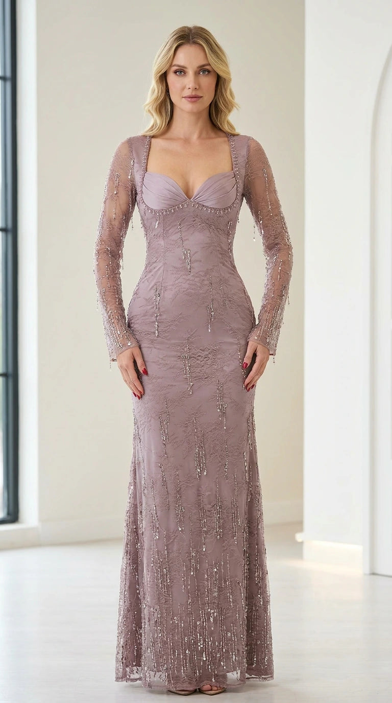 Front view of mauve long sleeve beaded evening dress