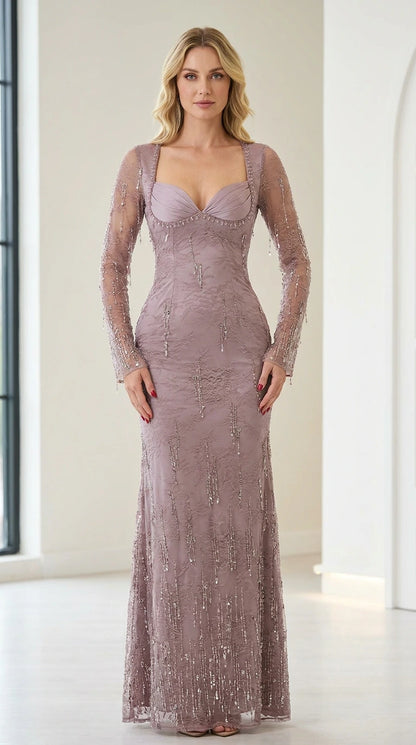 Front view of mauve long sleeve beaded evening dress