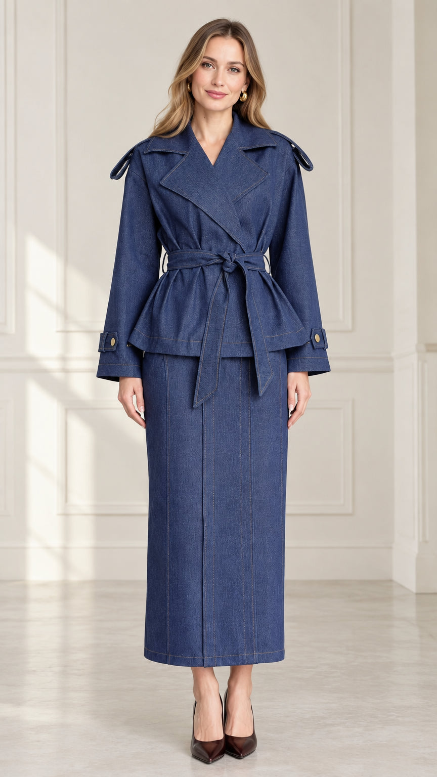 Front full-length view of women's denim blue trench-style belted jacket and maxi skirt set
