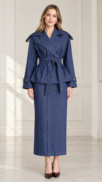 Front full-length view of women's denim blue trench-style belted jacket and maxi skirt set