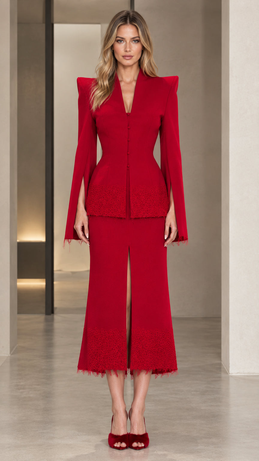 Front view of model wearing the sculpted red blazer and slit midi skirt set