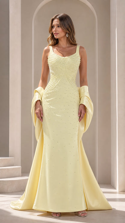 Front view of Butter Yellow pearl-embellished scoop neck mermaid evening gown with draped matching shawl