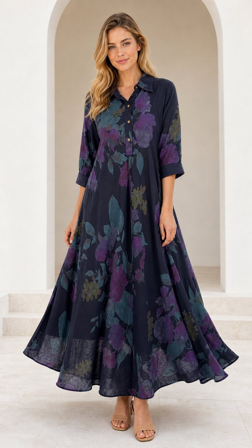 Front view of model wearing Navy Blue floral collared maxi shirt dress