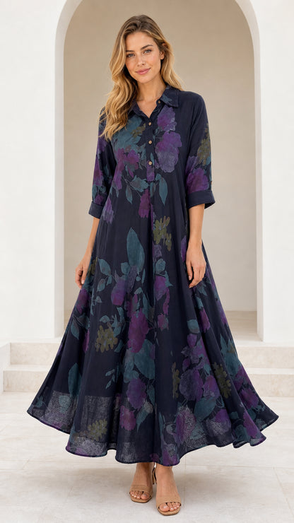 Front view of model wearing Navy Blue floral collared maxi shirt dress