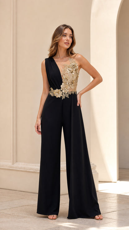 Front view of model wearing black sleeveless wide-leg evening jumpsuit with gold floral sequin bodice
